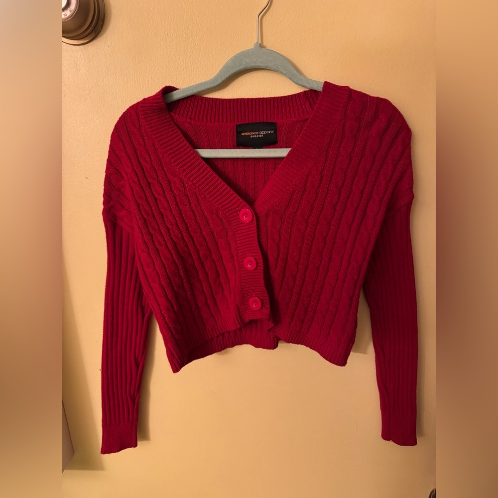 Red Vintage Crop Top Button Up Cardigan Sweater Y2k